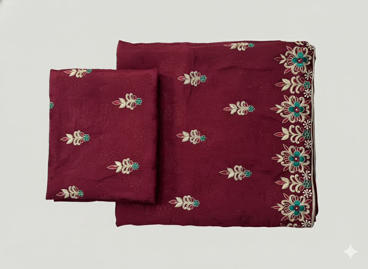 Rich maroon fabric with intricate teal and gold embroidery